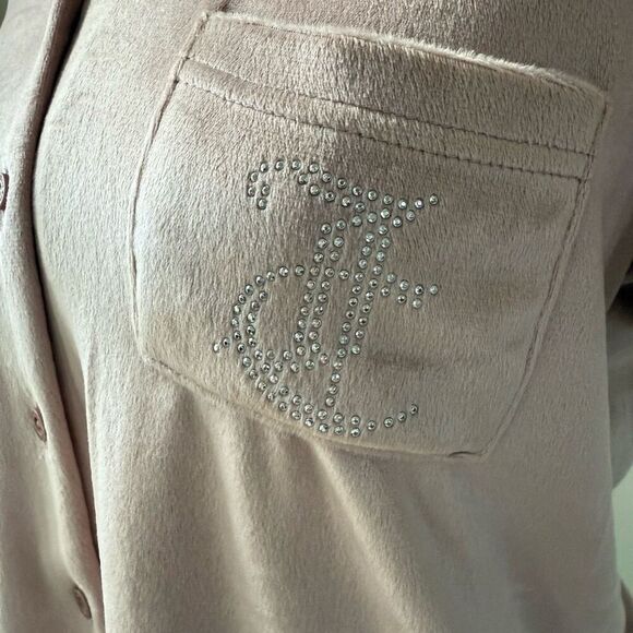 Juicy Couture Silky Soft Pink Velour Silver Bling Stud Cropped Button Up M - Picture 5 of 13